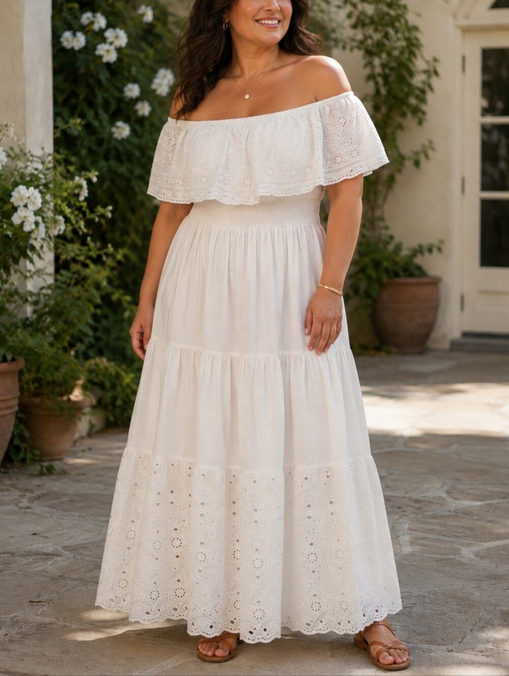 NAOO Romantic Boho Eyelet Maxi Dress Smocked Off Shoulder M - Picture 4 of 13